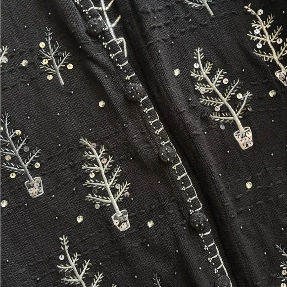 Vintage Basic Editions Holiday Black Cardigan with Silver Tree Embellishments - Picture 2 of 5